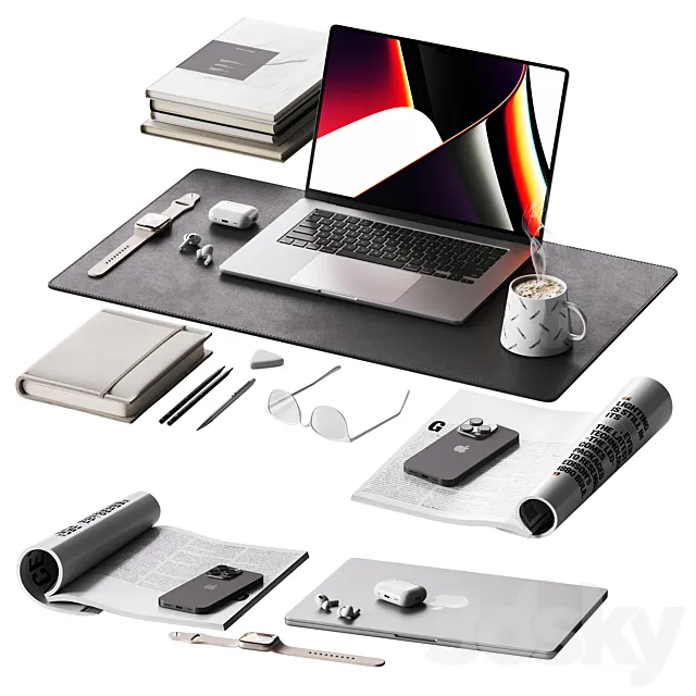 Gray minimalistic decor for a workplace with a set of Apple equipment 3D Model Gray minimalistic decor for a workplace with a set of Apple equipment 3D Model