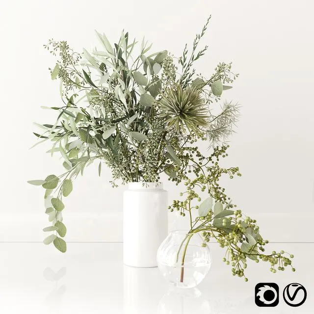 Green bouquet (white vases) 3D Model