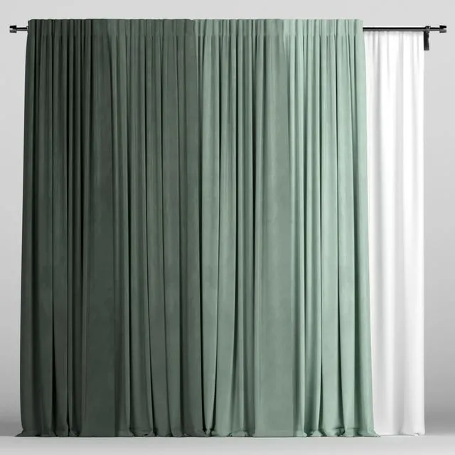 Green curtains with tulle 3D Model