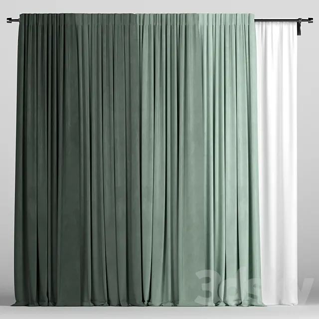 Green curtains with tulle 3D Model Green curtains with tulle 3D Model