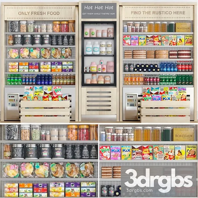 Grocery showcase in a supermarket in ethnic style with drinks and groceries 3D Model Download