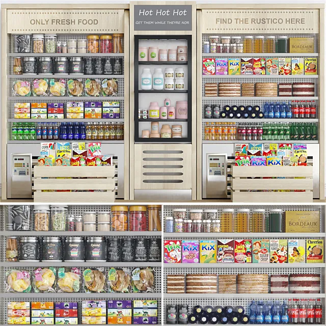 Grocery showcase in a supermarket in ethnic style with drinks and groceries Free Download