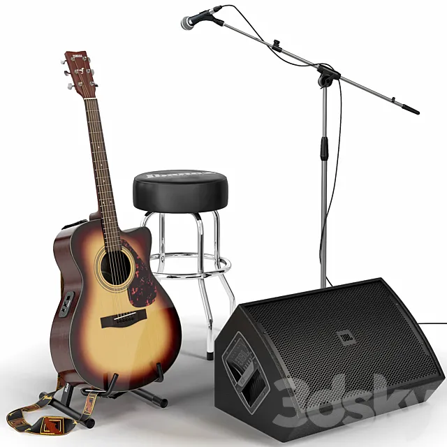 Guitar. Guitar set for stage. Musical instrument. Microphone 3DModel