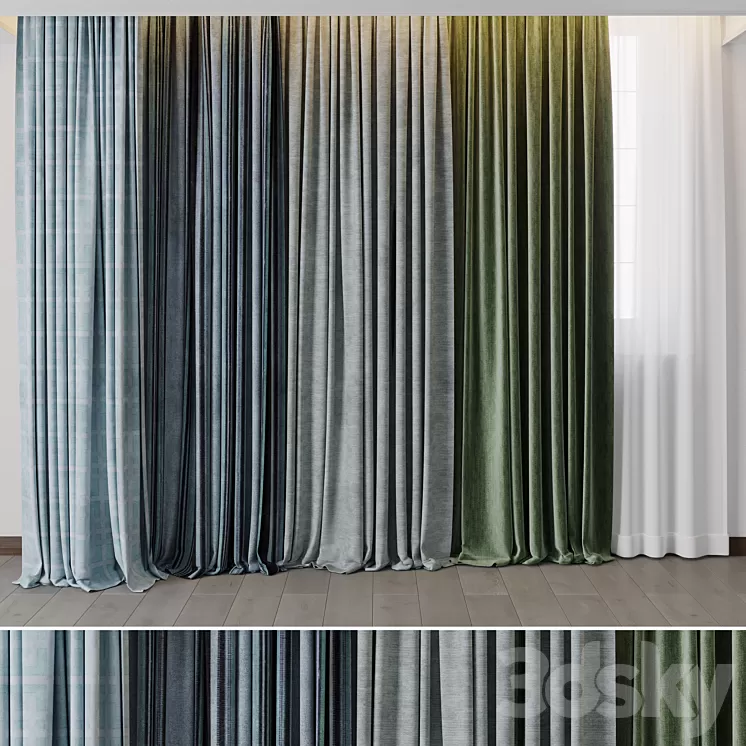 Hadi Curtains 40 – collection of green and blue curtains with patterns 3D Model Free Download