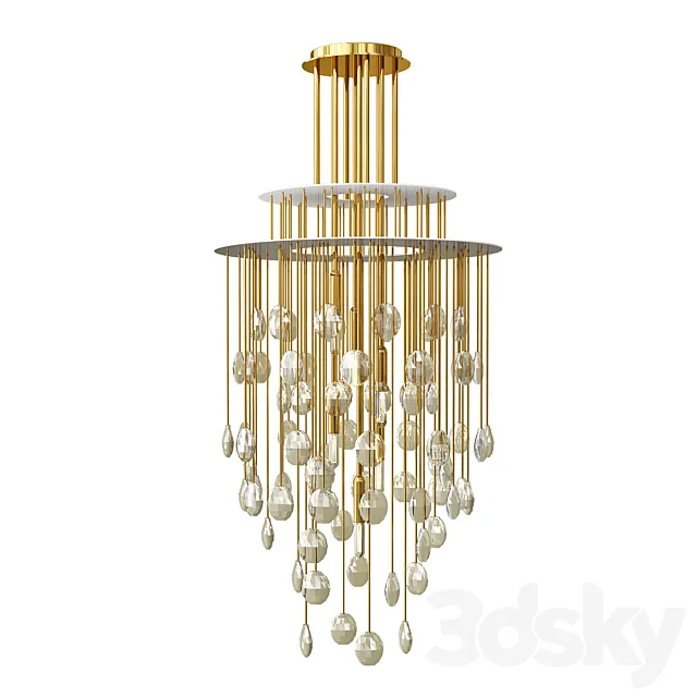 Hailee Med Chandelier in Natural Brass with Crystal 3DModel
