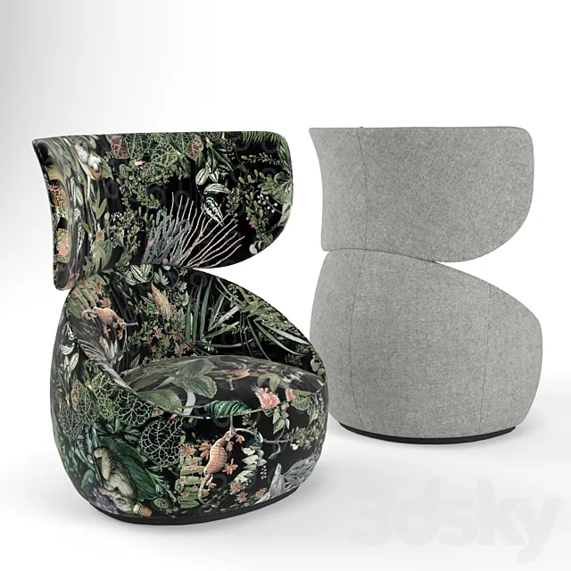 Hana Armchair Menagerie of Extinct Animals Velvet 3D Model