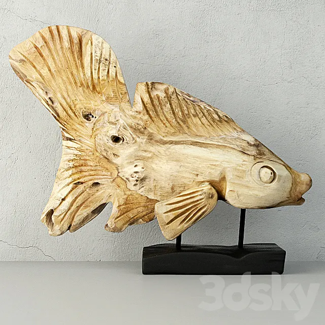 Hand Carved Driftwood Fish On Stand 3D Model Hand Carved Driftwood Fish On Stand 3D Model