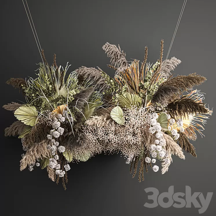 Hanging bouquet and installation under the ceiling decor above the table made of dried flowers palm leaf and pampas grass. 232. 3D Model Free Download