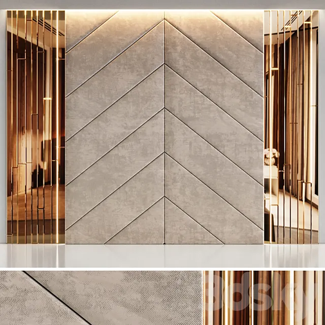 Headboard made from beige panels and gold planks 3D Model