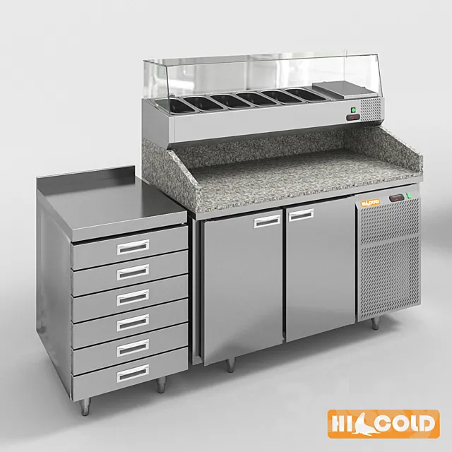 HiCold refrigeration pizzeria. stainless steel with stone countertop and glass showcase # 2 3DModel