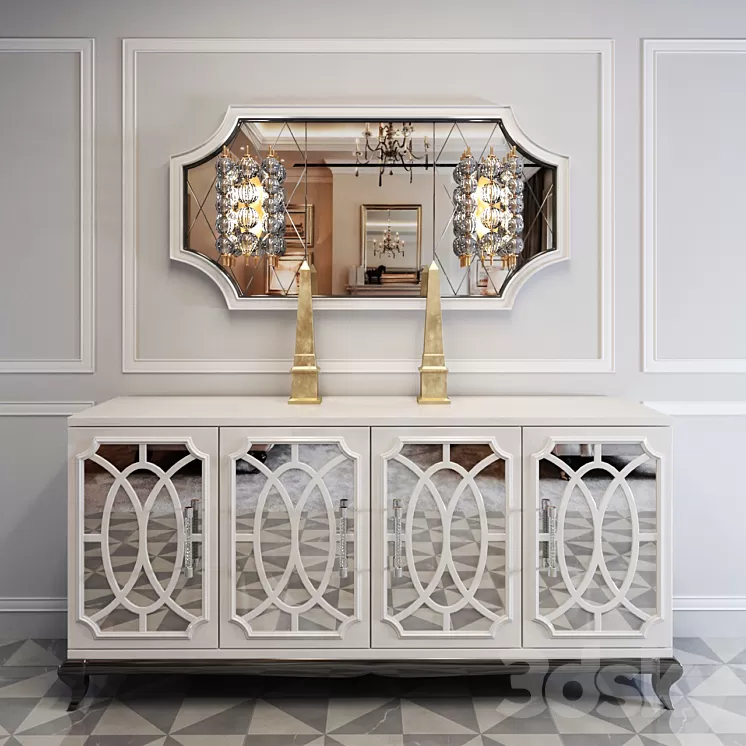 High End Italian White Fretwork Mirrored Sideboard 3D Model