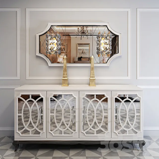 High End Italian White Fretwork Mirrored Sideboard 3D Model