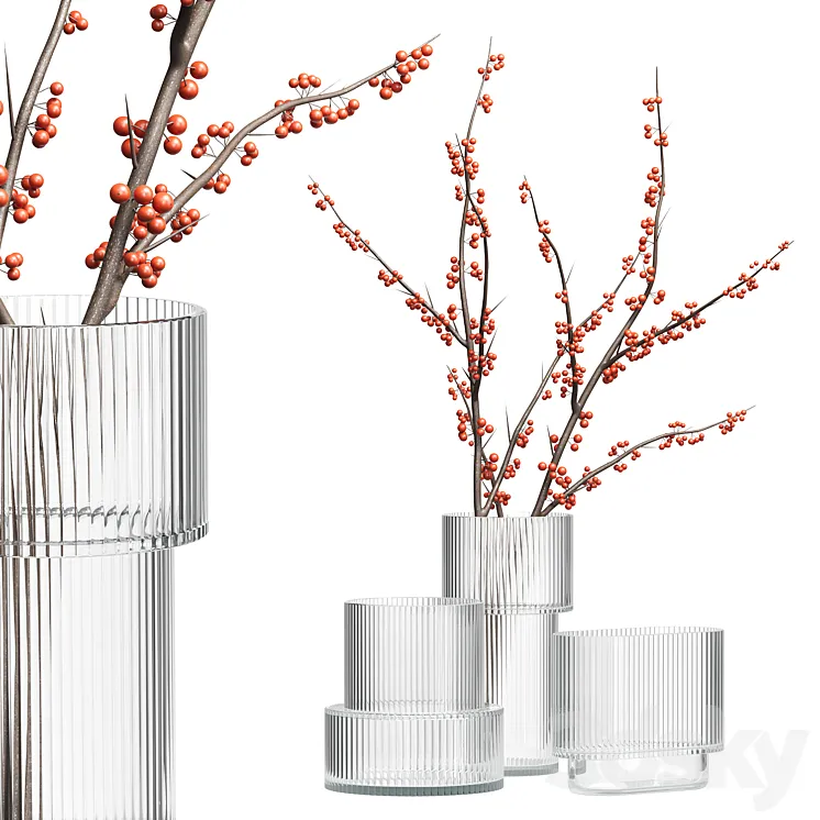 H&M Glass Vases with red berry branch 3D Model Free Download