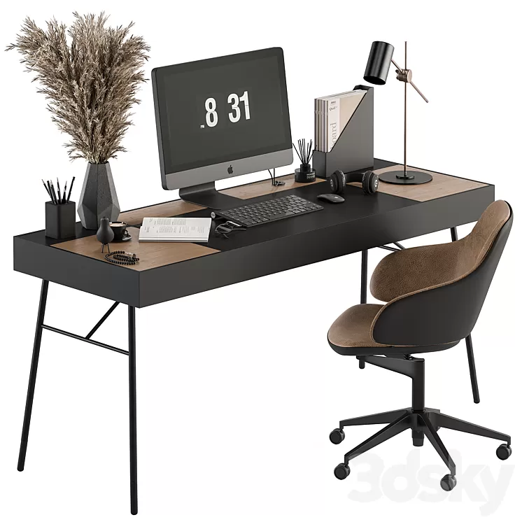 Home Office Black and Wood Table – Office Furniture 296 3D Model Free Download