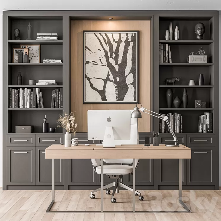 Home Office Desk and Library Gray Set - Office Furniture 279 3D Model ...