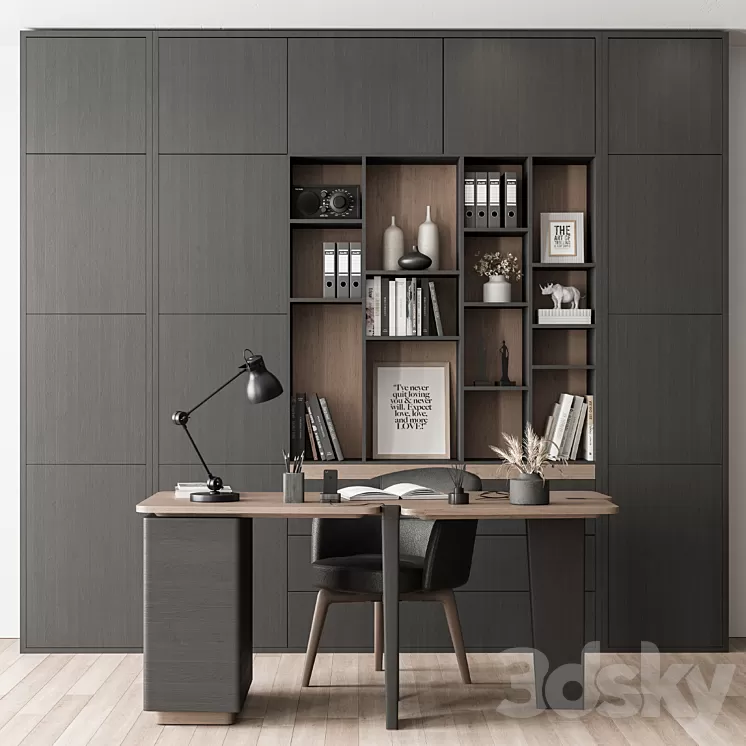 Home Office Desk and Library Gray Set – Office Furniture 286 3D Model Free Download