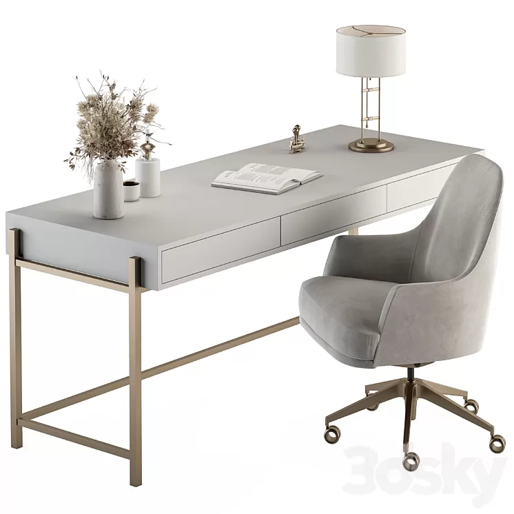 Home Office white and Gold Table – Office Furniture 282 3D Model Free Download