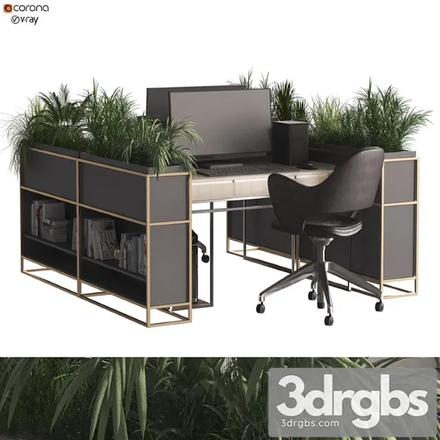Home Office Work Desk and Decoration and Library Set 332 3D Model Download