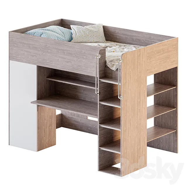 Horizon King Single Loft Bed with Shelves 3D Model Horizon King Single Loft Bed with Shelves 3D Model