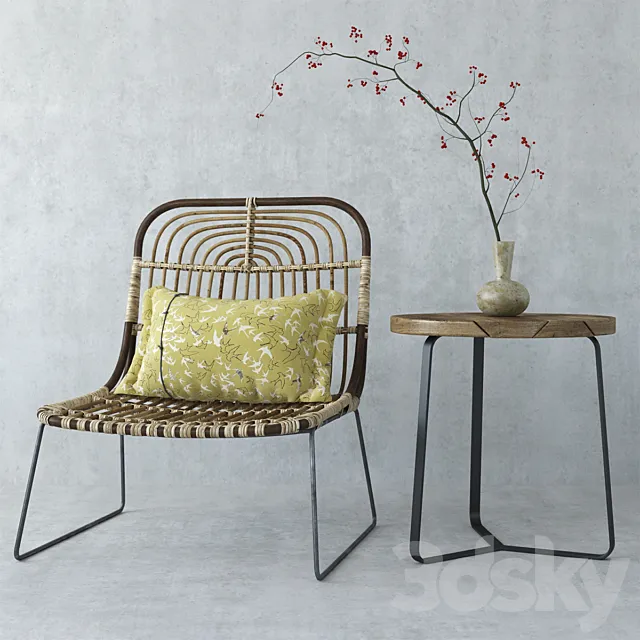 House Doctor Kawa rattan chair & Manutti sidetable 3D Model