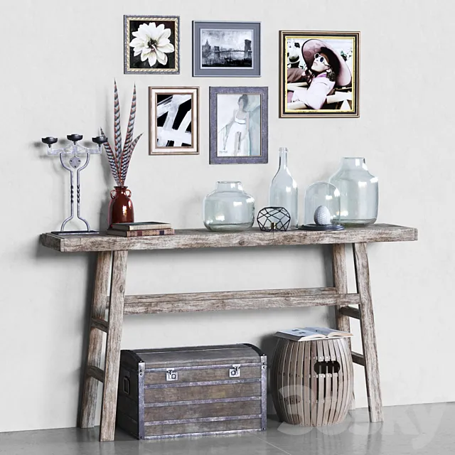 Hubsch Elm Wood Console with Decor 3D Model