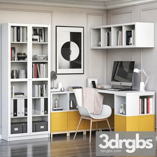 Ikea corner workplace with eket storages and billy oxberg bookcase 2 3D Model Download