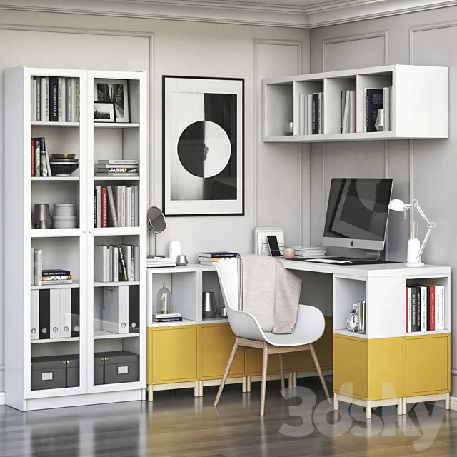 IKEA corner workplace with EKET storages and BILLY OXBERG bookcase 3DModel