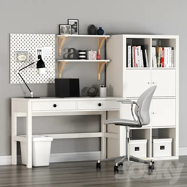 IKEA HEMNES Workplace and KALLAX shelf unit with FRITZHANSEN N02 Swivel armchair 3D Model