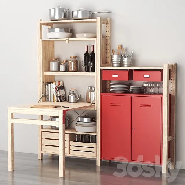 Ikea IVAR Shelving with table _ cabinets _ drawers and kitchen decor set 3D Model