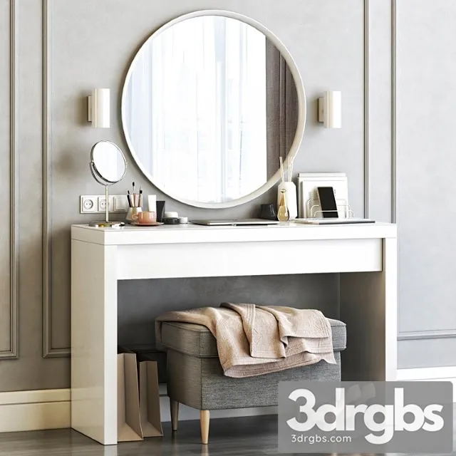 Ikea malm dressing table with langesund round mirror and strandmon gray ottoman 2 3D Model Download