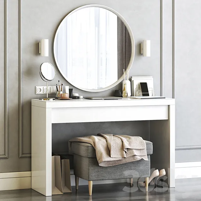 Ikea Malm Dressing Table with Langesund Round Mirror and Strandmon Gray Ottoman 3D Model Ikea Malm Dressing Table with Langesund Round Mirror and Strandmon Gray Ottoman 3D Model