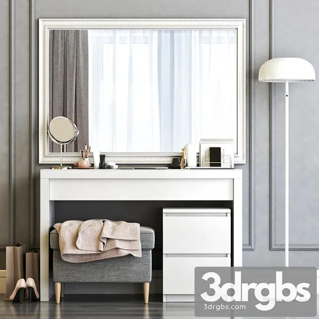 Ikea malm dressing table with songe wall mirror and strandmon gray ottoman 2 3D Model Download