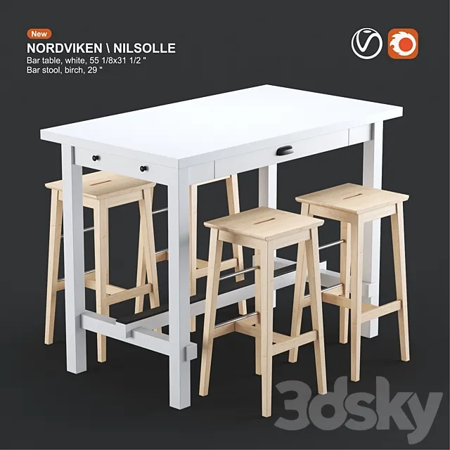 Ikea NORDVIKEN bar table and NILSOLLE bar stool white and birch 3D Model Ikea NORDVIKEN bar table and NILSOLLE bar stool white and birch 3D Model