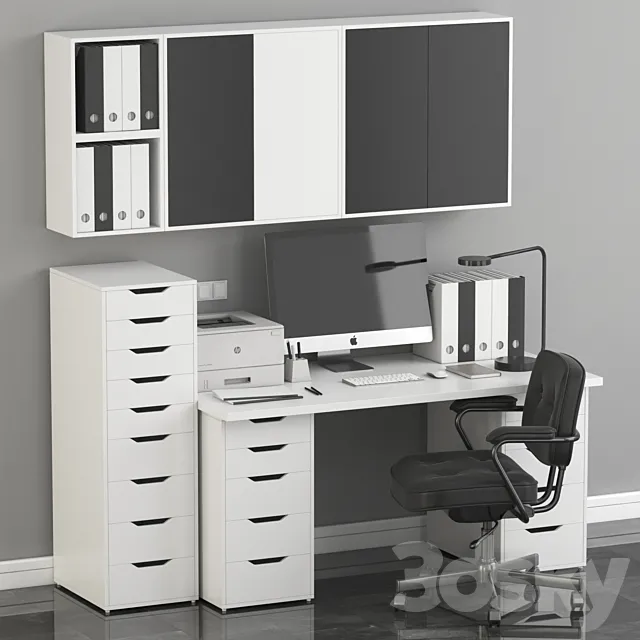 Ikea Office Workplace with Alex Table. Alefjäll Chair and Eket wall-mounted cabinet 3DModel