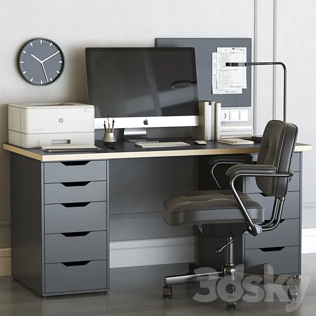 IKEA office workplace with ALEX table and ALEFJALL chair 3DModel