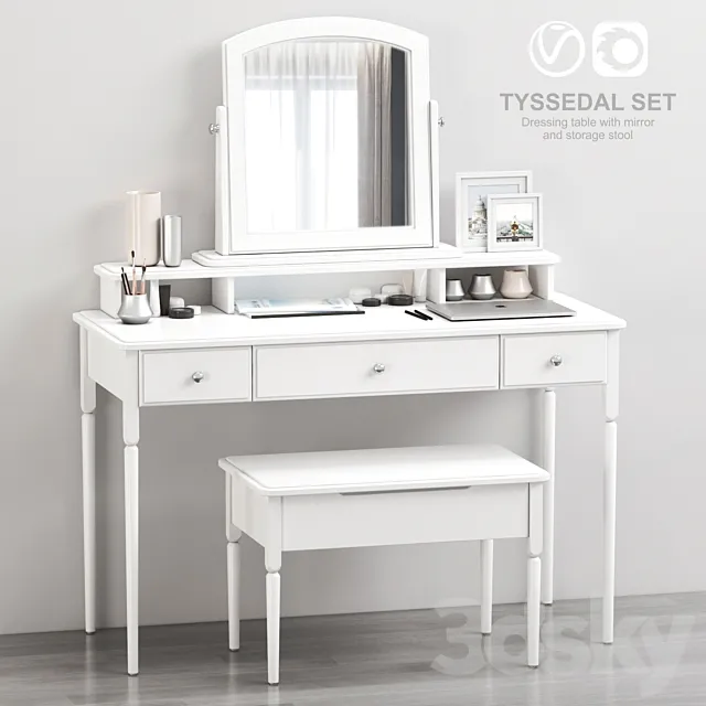 IKEA TYSSEDAL Dressing table with mirror and storage stool white 3D Model IKEA TYSSEDAL Dressing table with mirror and storage stool white 3D Model