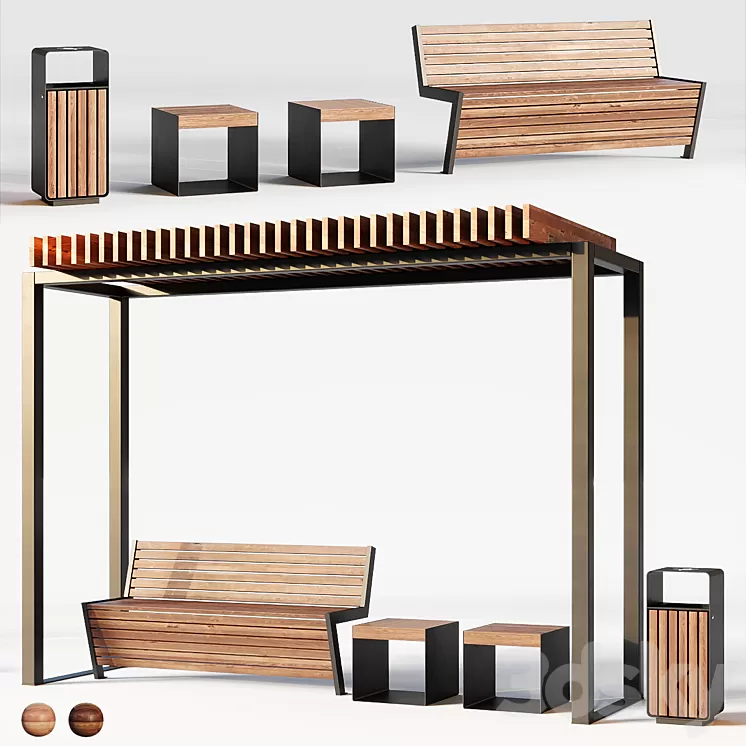 Improvement set bench pergola urn. 3D Model Improvement set bench pergola urn. 3D Model