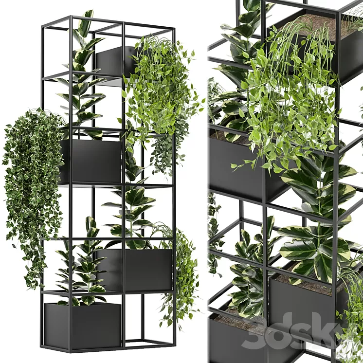 indoor plants in rusty concrete pot on metal shelf – Set 110 3D Model