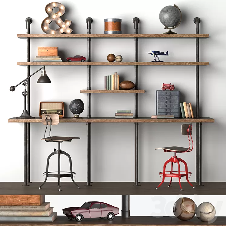 INDUSTRIAL PIPE DOUBLE DESK WITH SHELVING 3D Model INDUSTRIAL PIPE DOUBLE DESK WITH SHELVING 3D Model