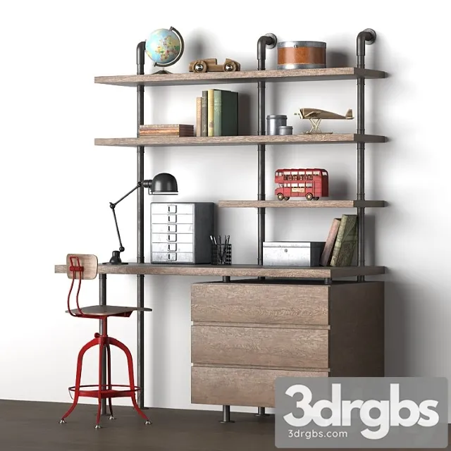 Industrial pipe single desk & shelving with drawers 2 3D Model Download