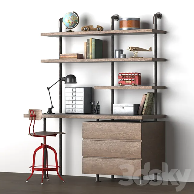 INDUSTRIAL PIPE SINGLE DESK & SHELVING WITH DRAWERS 3D Model