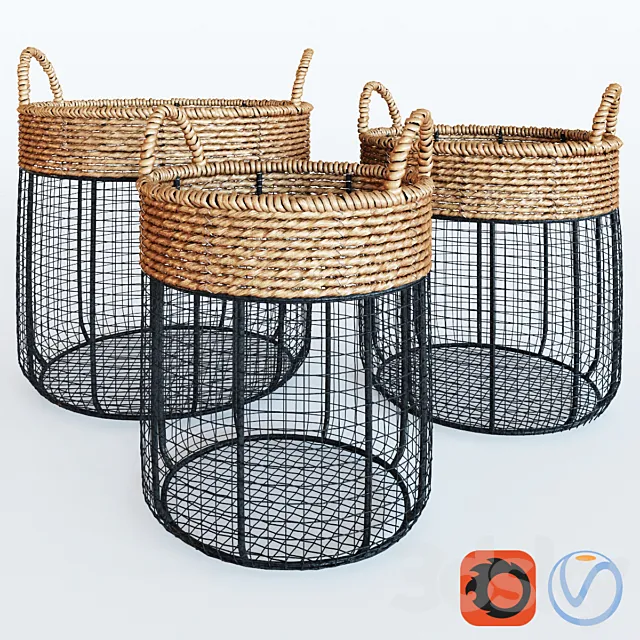Iron Wire Round Scoop Baskets With Seagrass 3DModel Iron Wire Round Scoop Baskets With Seagrass 3DModel