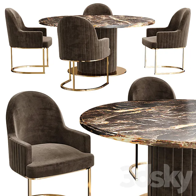 Italian Designer Marble Round Dining Table And Chairs Set 3D Model