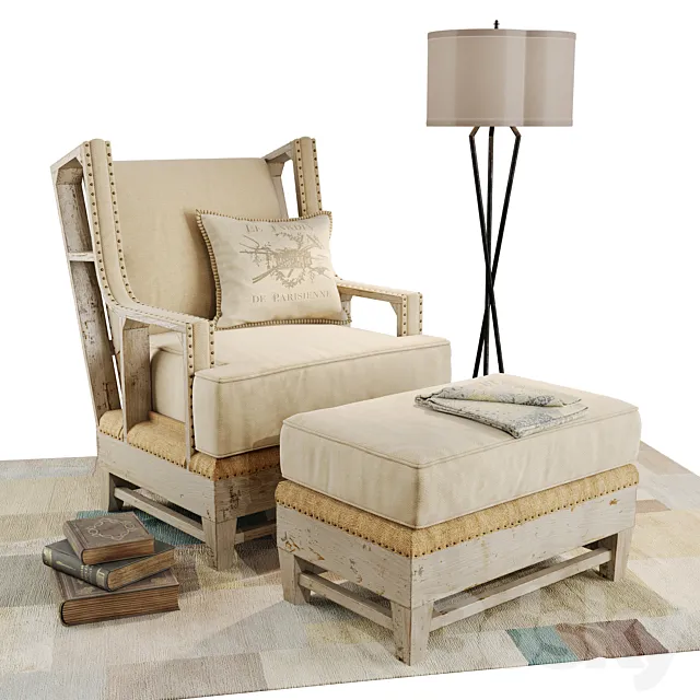 Kathy Kuo Home armchair and ottoman set 3D Model