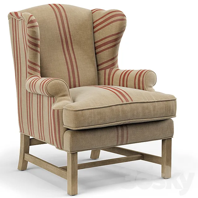 Khaki Linen English Club Chair with Red Stripe 3D Model Khaki Linen English Club Chair with Red Stripe 3D Model
