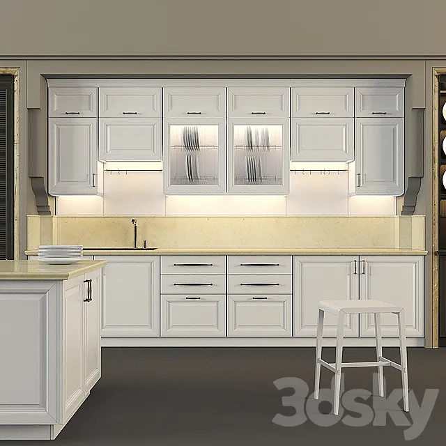 Kitchen classic furniture in a niche with island 3DModel