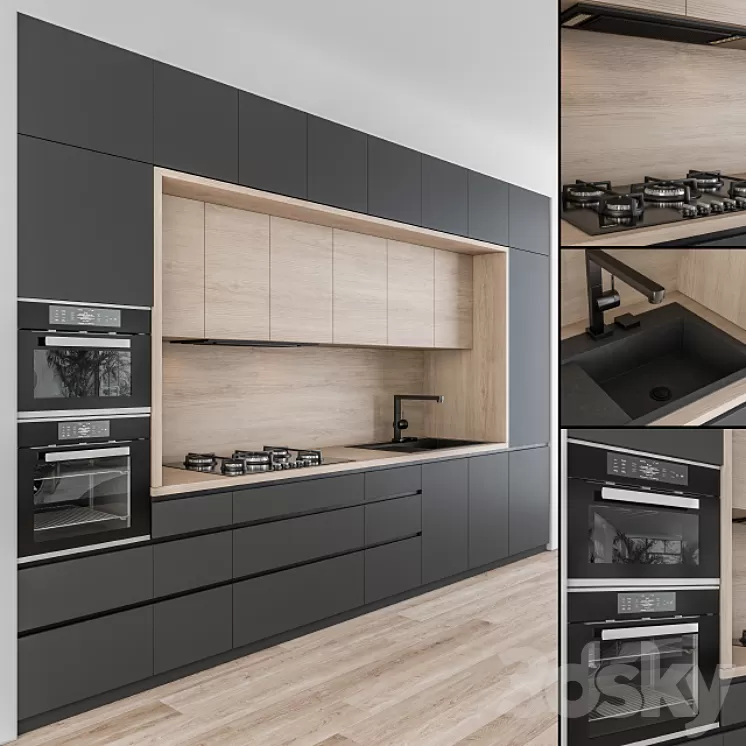 Kitchen Modern – Black and Wood 43 3D Model Kitchen Modern – Black and Wood 43 3D Model