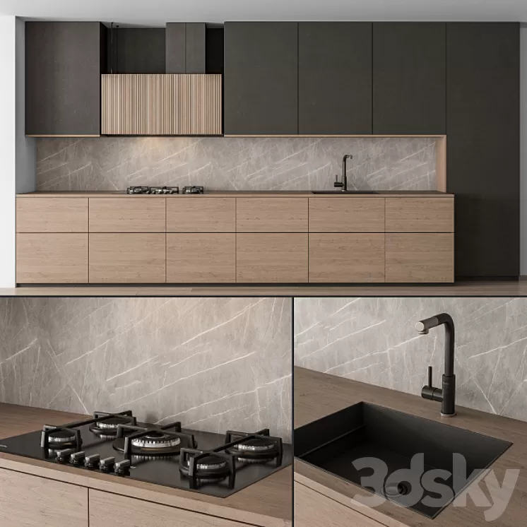 Kitchen Modern – Black and Wood 76 3D Model Kitchen Modern – Black and Wood 76 3D Model