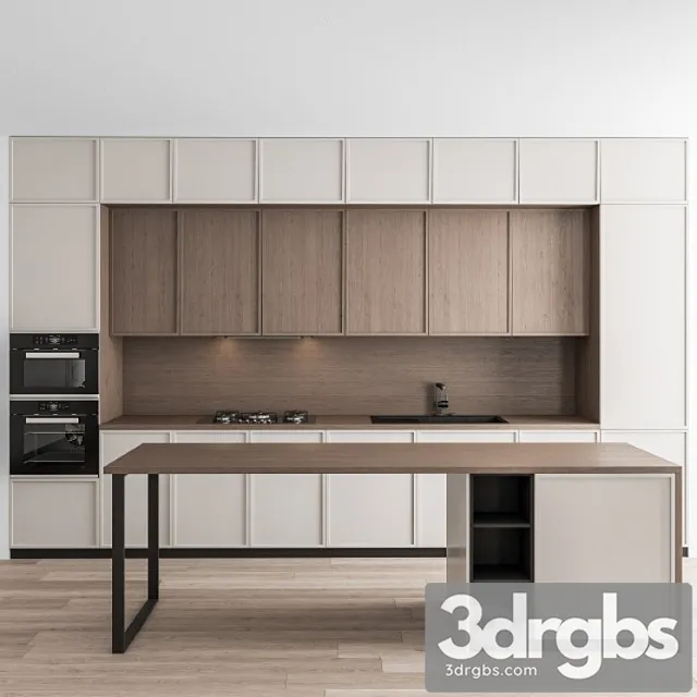 Kitchen Modern White and Wood with Island 58 3D Model Download