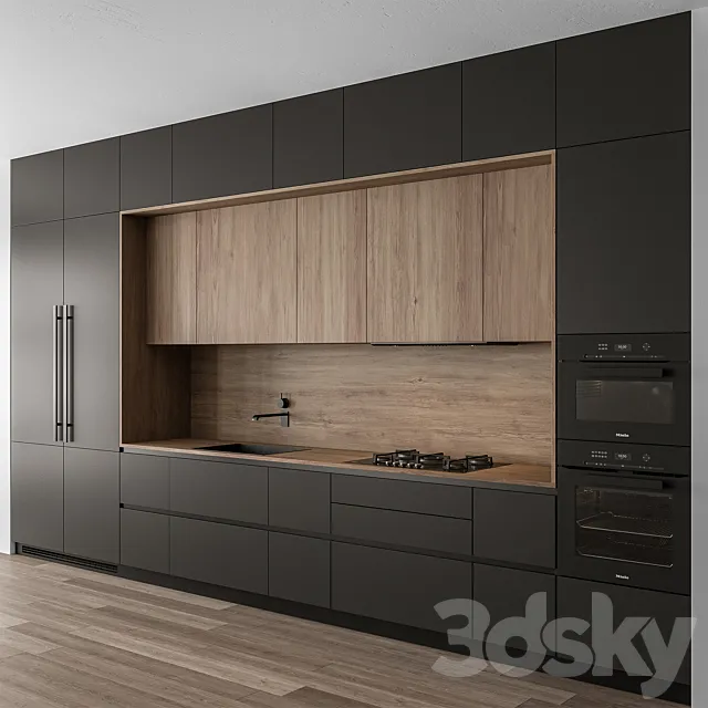 Kitchen Modern – Wood and Black 114 3D Model Kitchen Modern – Wood and Black 114 3D Model